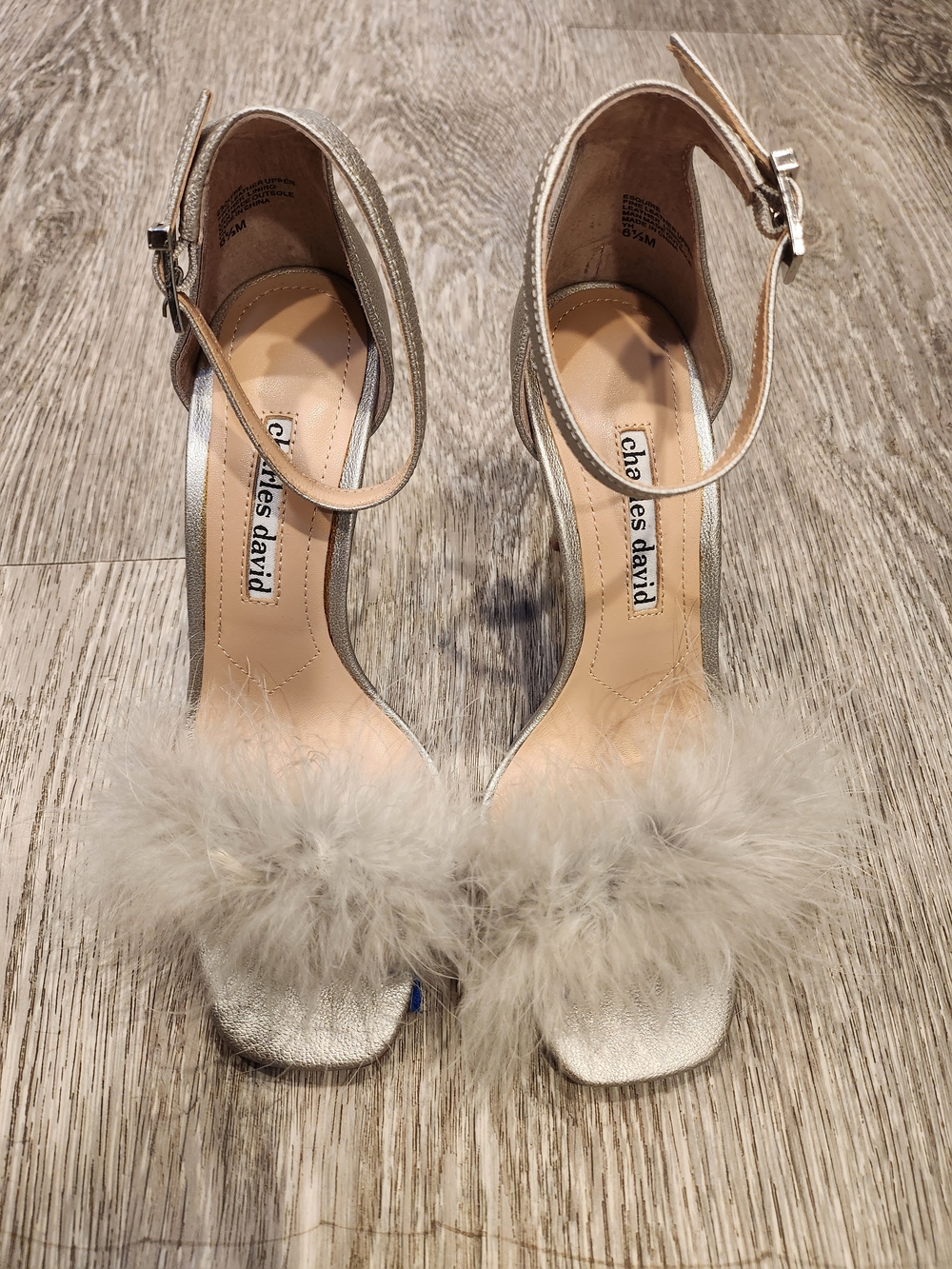 Charles David Beige/Silver Feather-Trim Ankle-Strap Heels